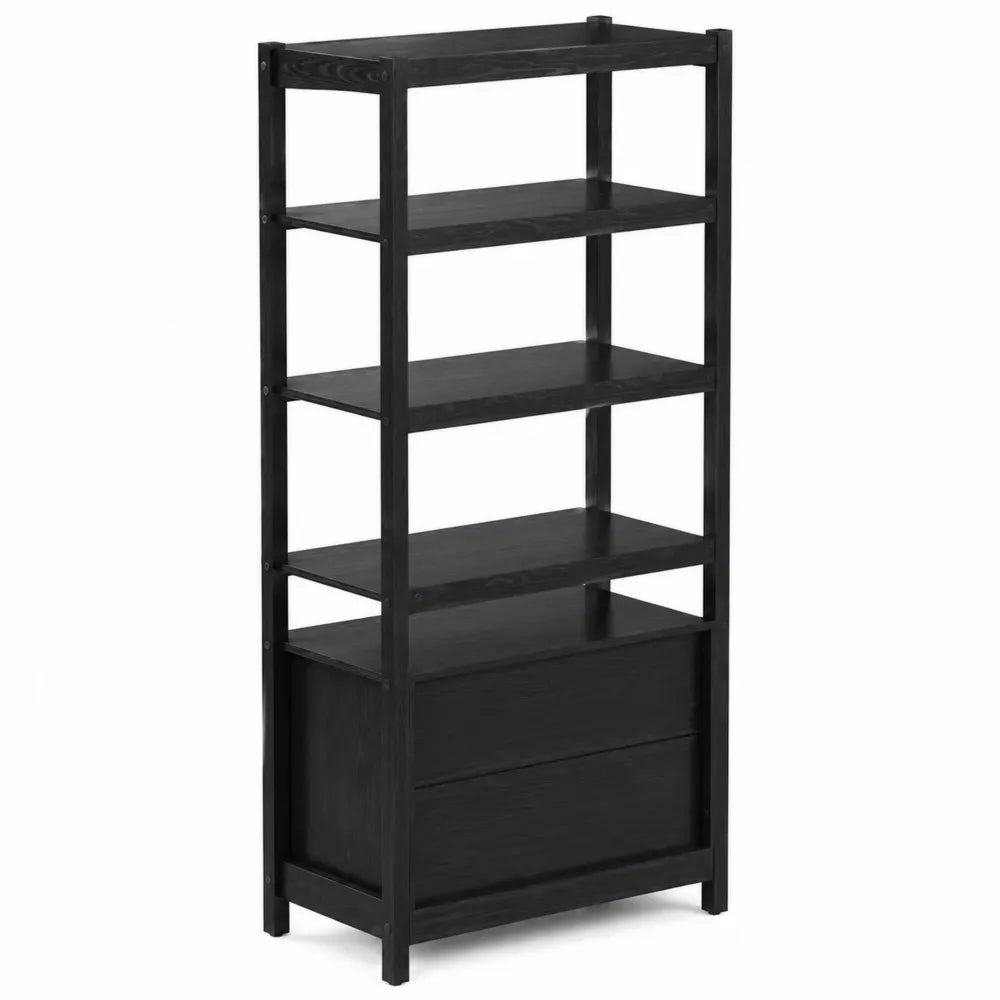 Scaffale Legno Nero con Ripiani e Cassetti