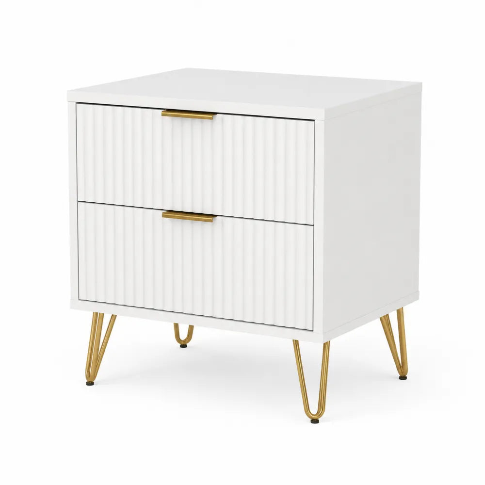 Comodino in MDF bianco con 2 cassetti e gambe in metallo dorato