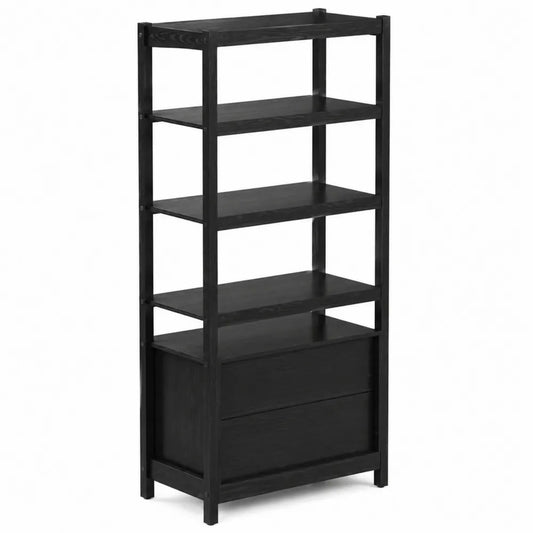 Scaffale Legno Nero con Ripiani e Cassetti