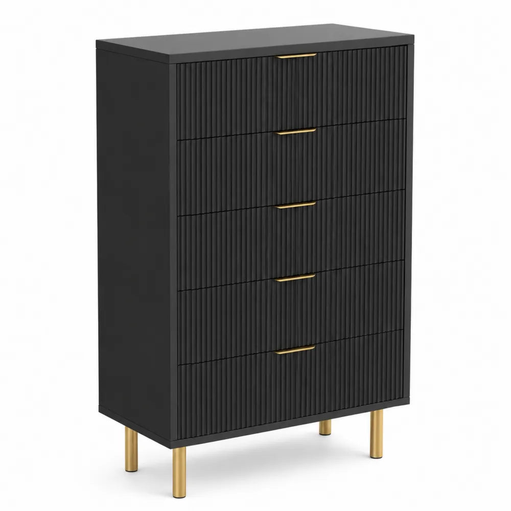 Cassettiera alta nera con cinque cassetti in MDF e gambe in metallo