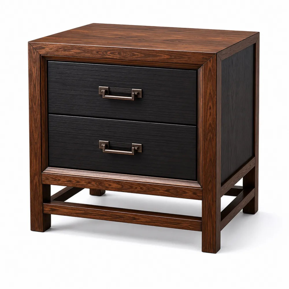 Comodino in Legno e Pannelli MDF con Due Cassetti Marrone e Nero
