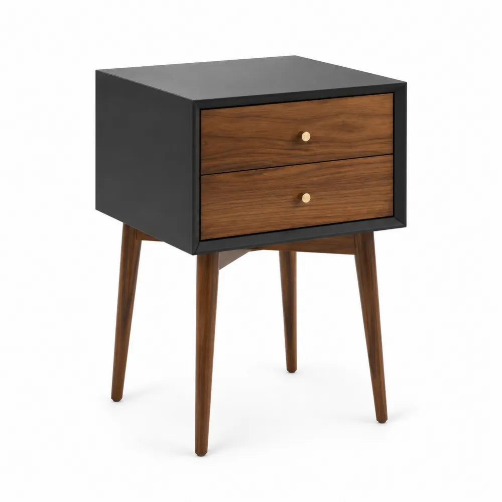 Comodino in Legno Massello Noce e MDF con Due Cassetti Nero/Marrone