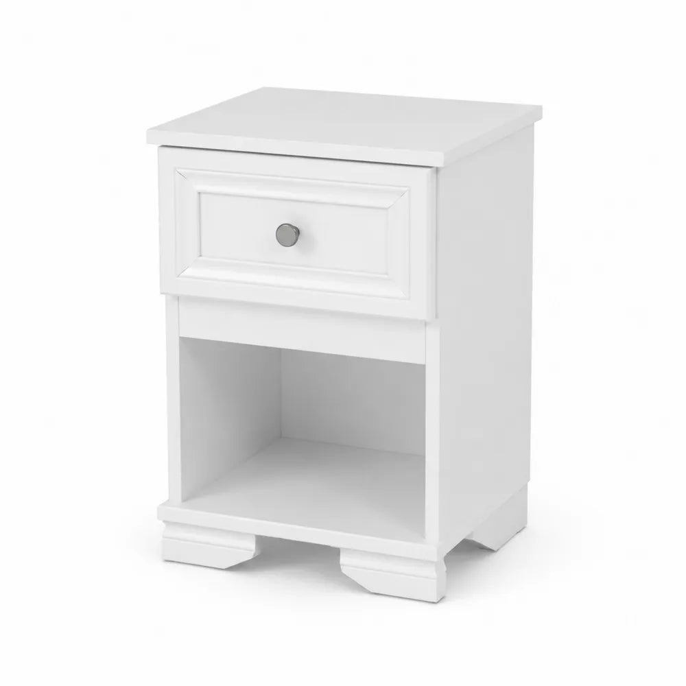 Comodino bianco in MDF con cassetto e ripiano aperto