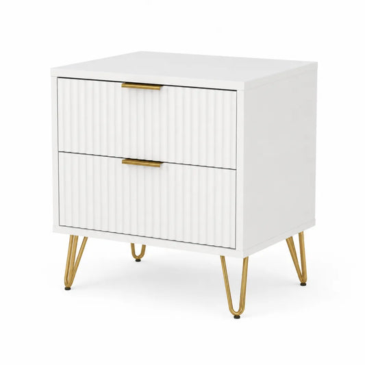 Comodino in MDF bianco con 2 cassetti e gambe in metallo dorato