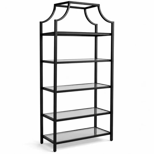 Scaffale in Metallo Nero con 5 Ripiani in Vetro