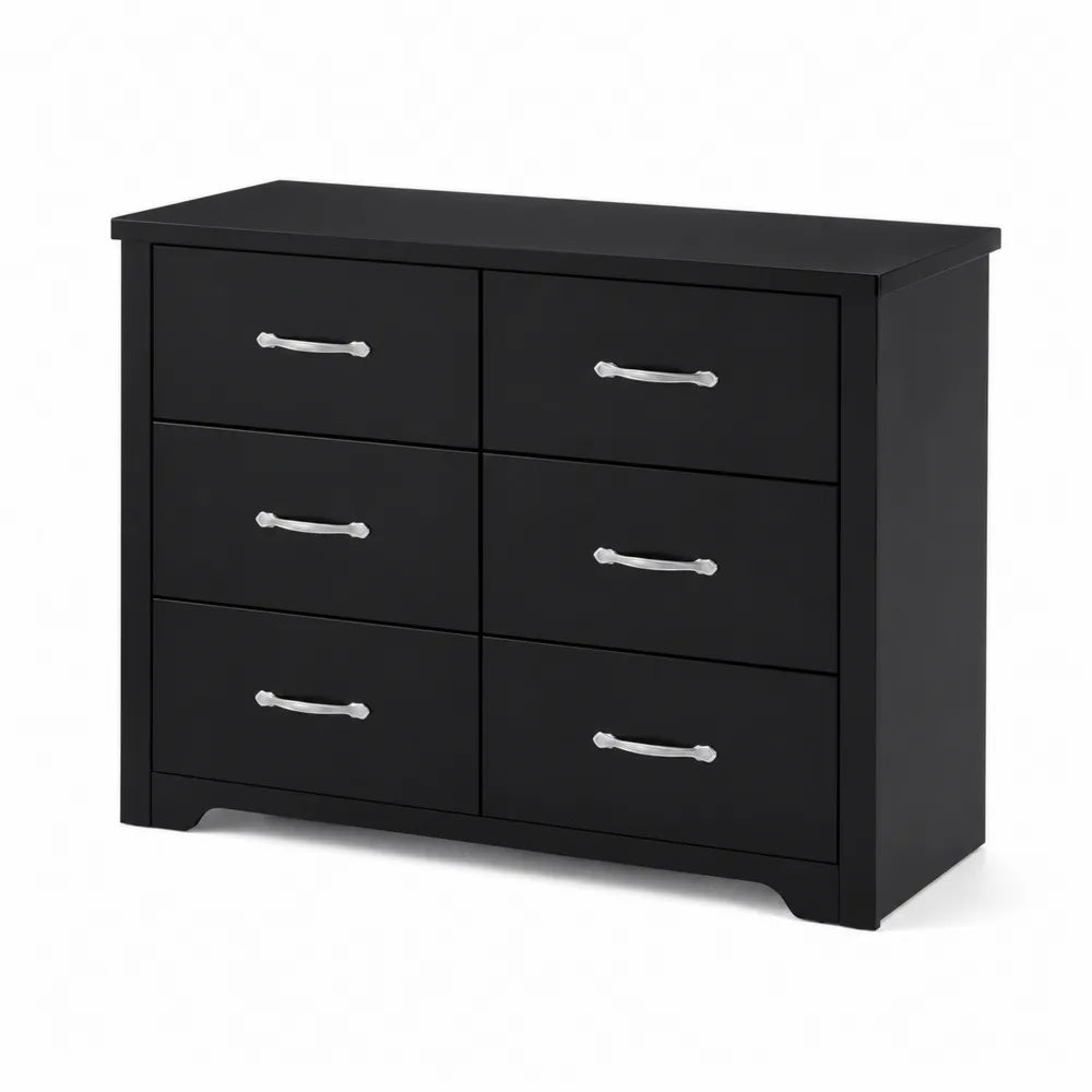 Cassettiera a sei cassetti in legno MDF nero con maniglie metalliche
