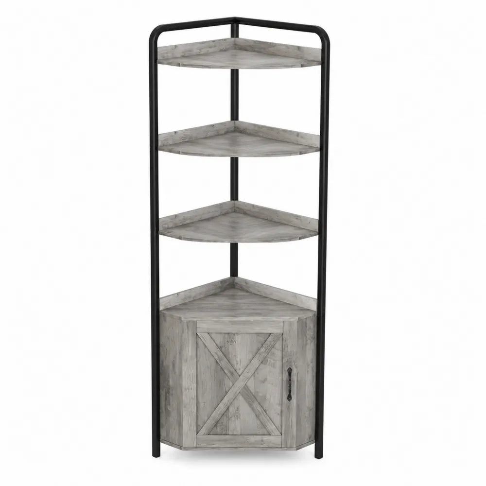 Scaffale angolare in legno e metallo grigio con 4 ripiani