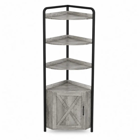 Scaffale angolare in legno e metallo grigio con 4 ripiani